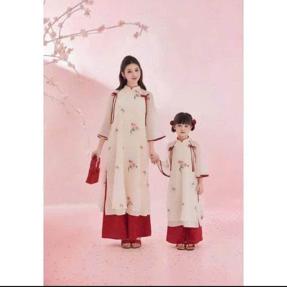 New Vietnamese Women Traditional Modern Dress Ao Dai S Red 2pcs Set